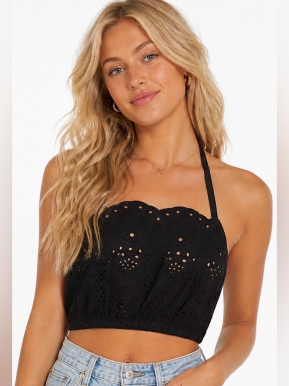 Urban Outfitters Black Eyelet Lace Halter Top Boho Tie Back